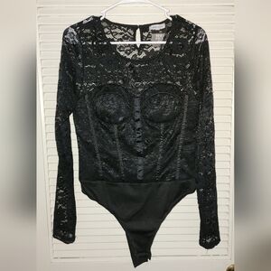 NWT White Birch Black Lace Bustier Bodysuit Long Sleeve Size Large